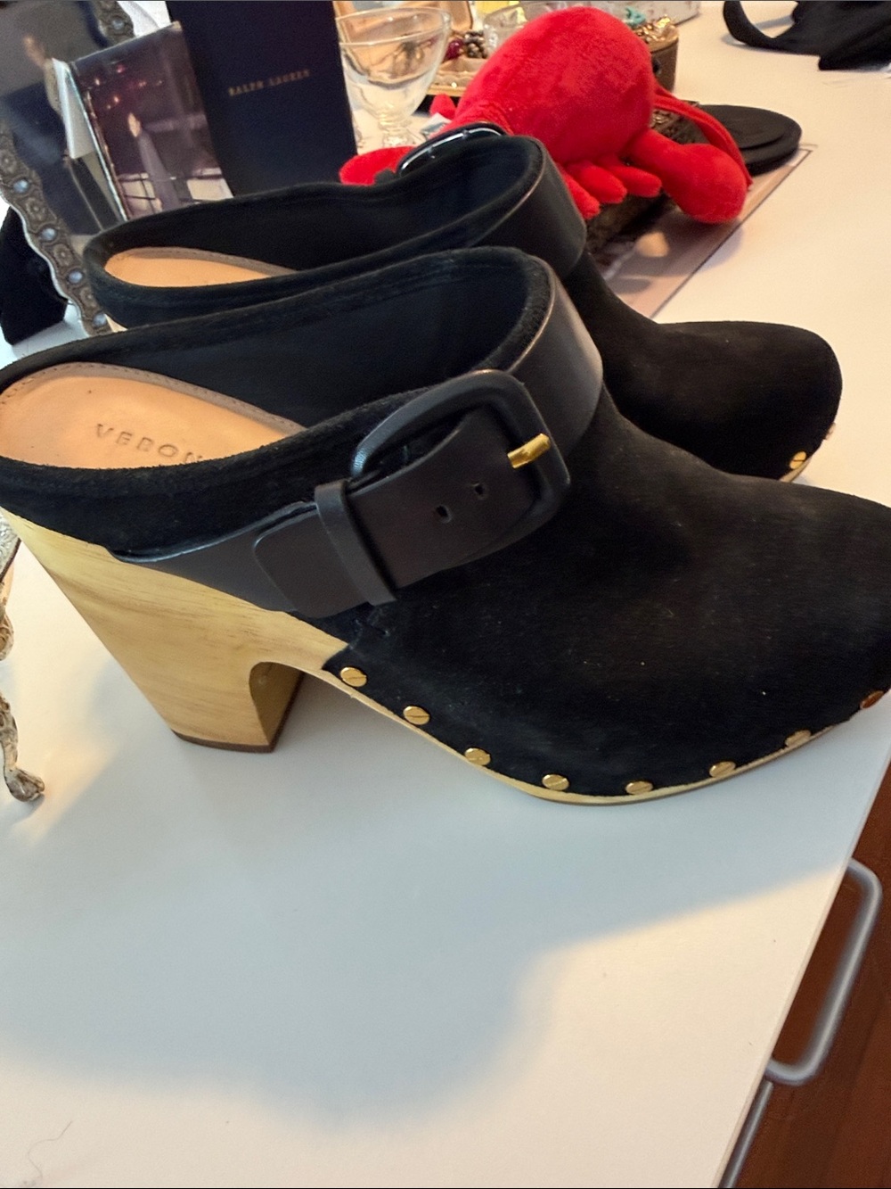 Veronica Beard Black Suede Buckle Mules